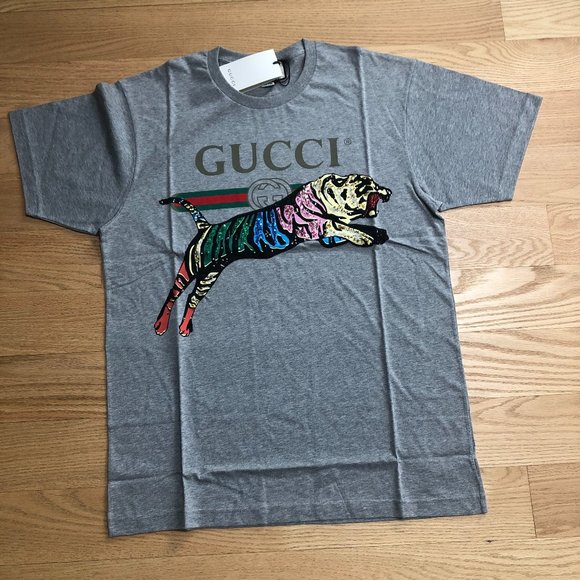 Gucci Oversized Cotton Gray T-shirt with Sequin Tiger NEW WITH TAGS - Picture 1 of 3